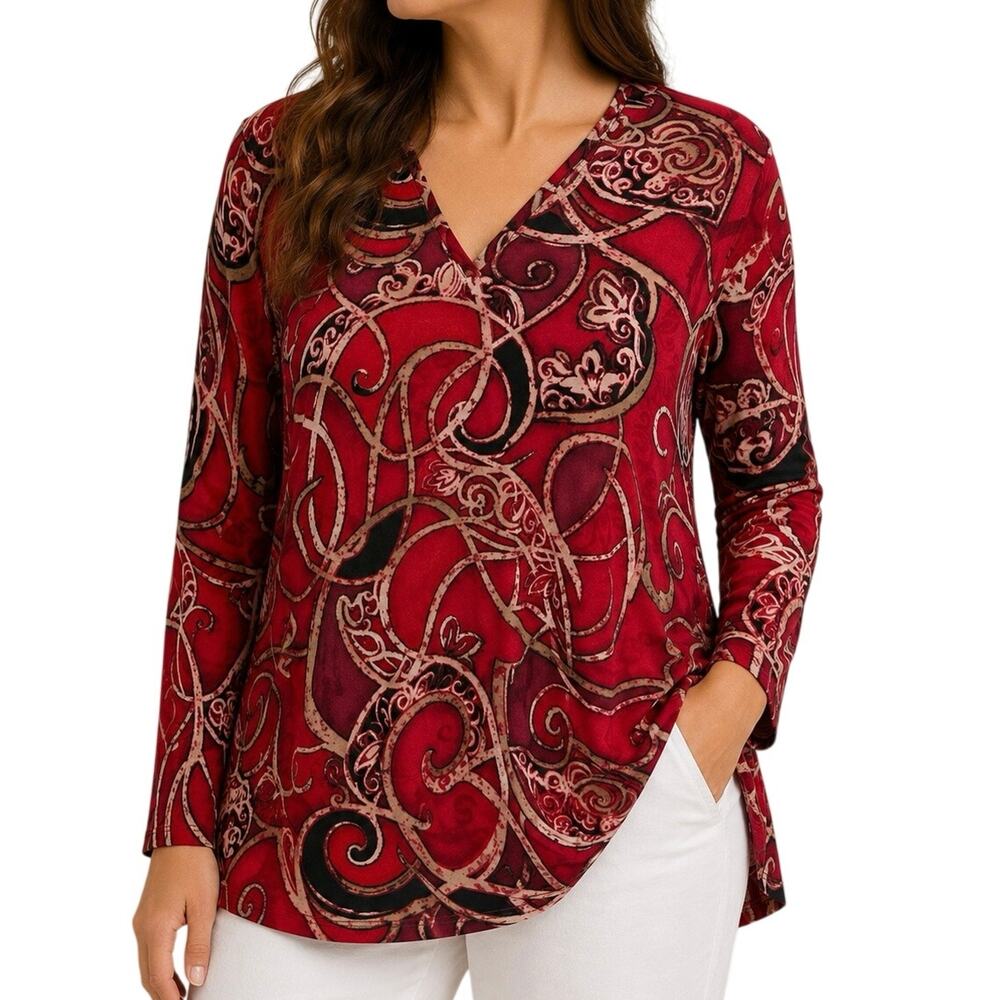 Chicos Travelers Sz XL 3 Slinky Red Stretchy Blouse Shirt Top Christmas Holiday